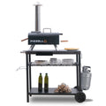 Grill Cart, Pizza Oven Stand, Outdoor bbq Prep Station with Storage, Wheel, Hook, Handle, Black Steel Tabletop, Garbage Bag Holder, Paper Towel Holder, Movable Spice Rack