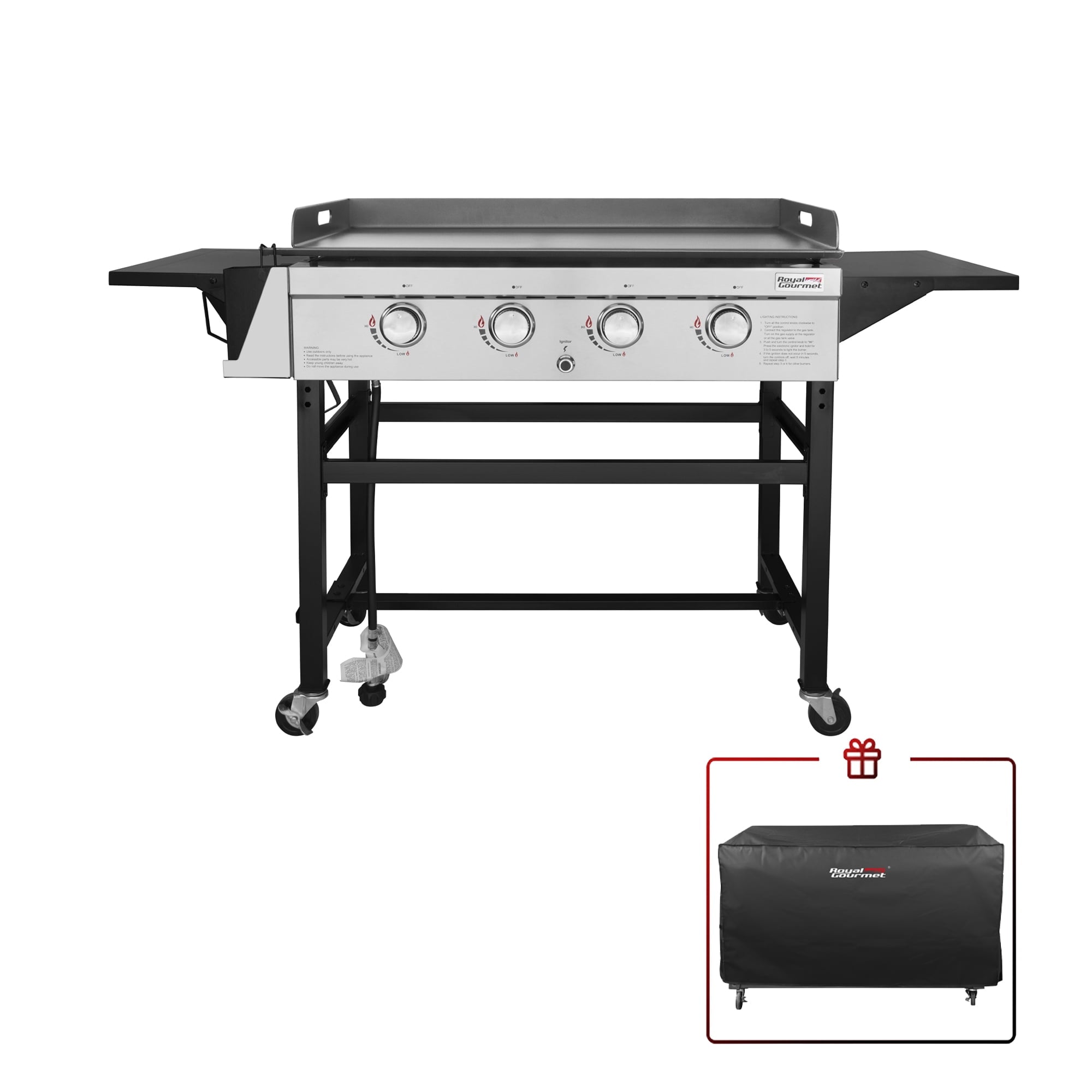 Gourmet GB4001C 4-Burner 52000-BTU Propane Gas Grill Griddle, 36"L, With Cover
