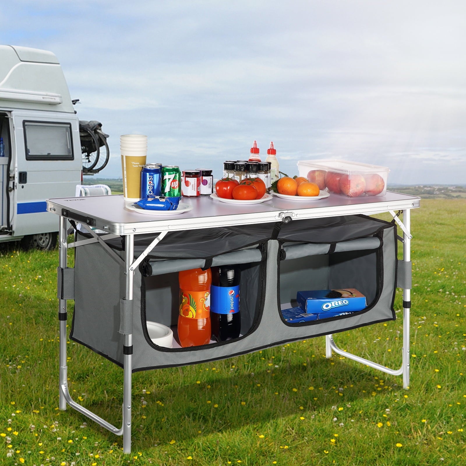 Camping Kitchen Table Folding Portable Cook Station 3 Adjustable Heights