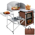 Camping Kitchen Station, Aluminum Portable Folding Camp Cook Table with Windshield, Storage Organizer and 4 Adjustable Feet, Quick Installation for Outdoor Picnic Beach Party Cooking, Brown