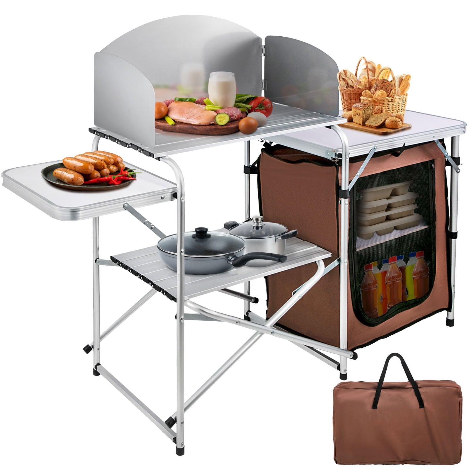 Camping Kitchen Station, Aluminum Portable Folding Camp Cook Table with Windshield, Storage Organizer and 4 Adjustable Feet, Quick Installation for Outdoor Picnic Beach Party Cooking, Brown