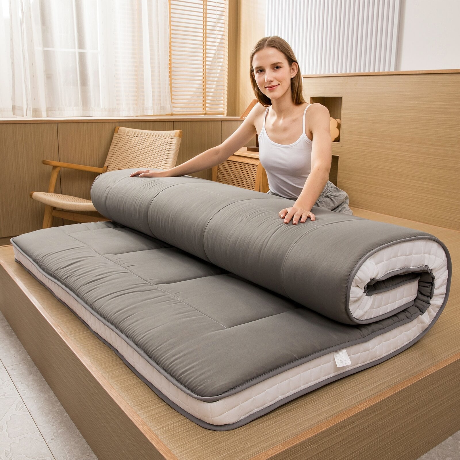 Mattress, Padded Japanese Floor Mattress Quilted Bed Mattress Topper, Extra Thick Folding Sleeping Pad, Dark Grey, Queen