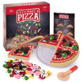 Make a Pizza - Pretend Food Playset with 4 Wooden Pie Slices, 140 Felt Toppings, Wood Roller, and 3-in-1 Cardboard Box Prep Station, Oven, & Serving Table - Cute Cooking Toys for Boys & Girls
