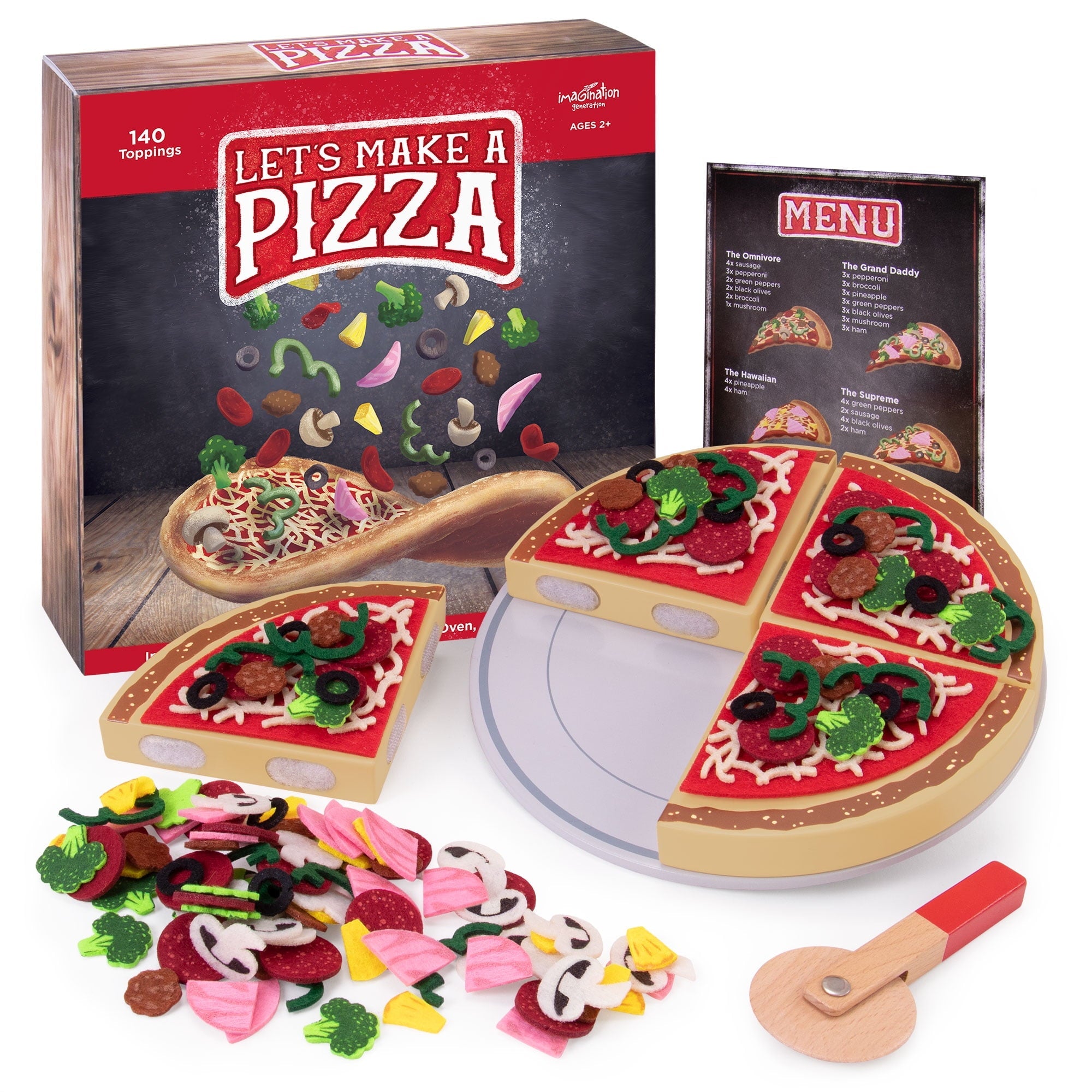 Make a Pizza - Pretend Food Playset with 4 Wooden Pie Slices, 140 Felt Toppings, Wood Roller, and 3-in-1 Cardboard Box Prep Station, Oven, & Serving Table - Cute Cooking Toys for Boys & Girls