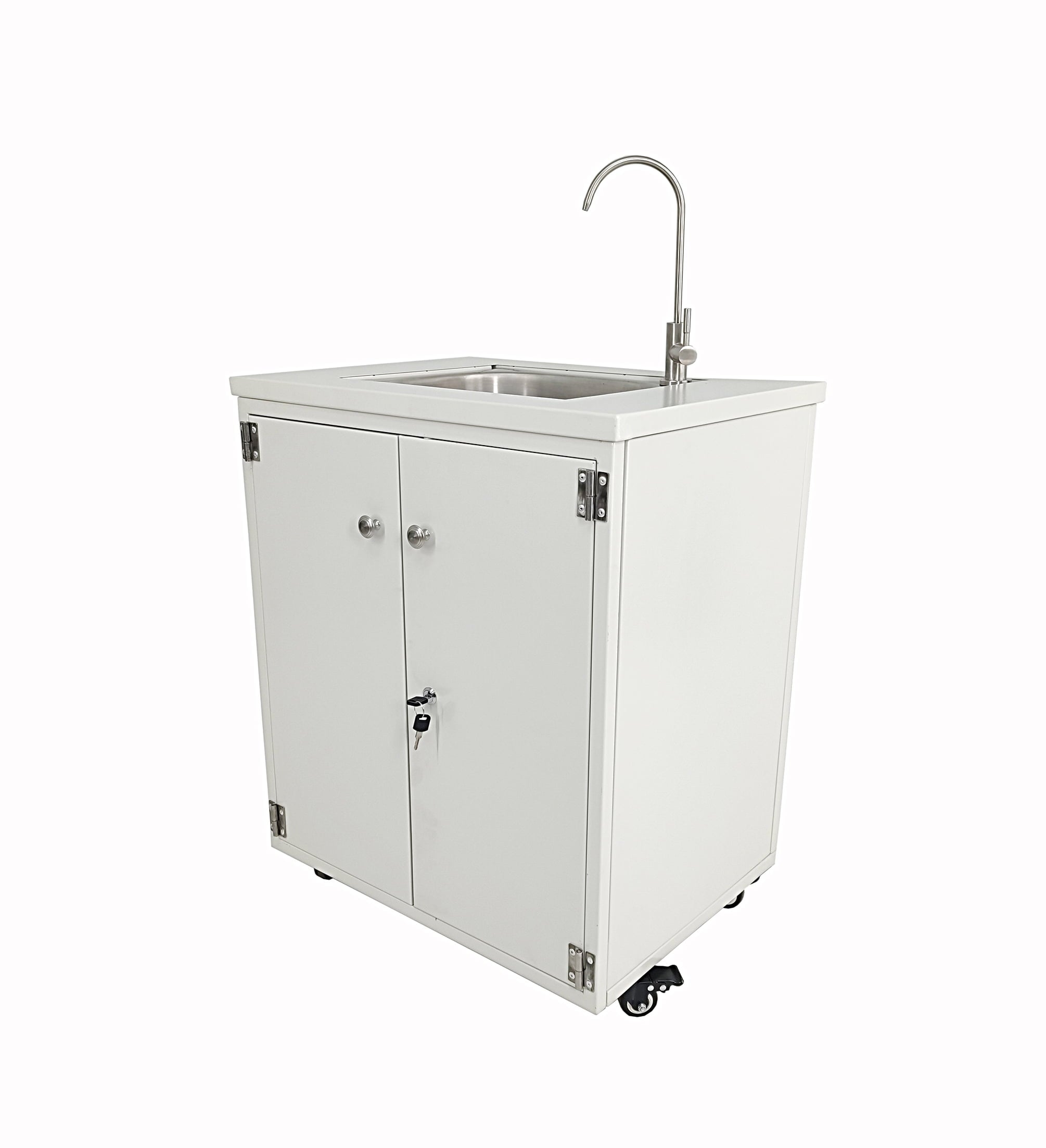Cabinet Portable Sink Self Contained Hand Wash Station Mobile Sink Water Fountain Water Supply 110V/12V Powered Built-in Pump Water Jugs NOT included 24 X 18 X 30" CABINET SIZE 10094