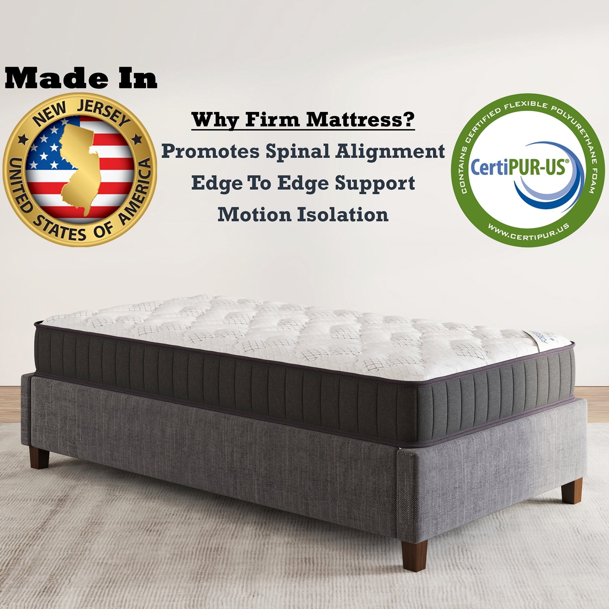 Made in NJ Edge to Edge 8" Pocket Coils Firm Tight Top Hybrid Mattress in a Box, Twin