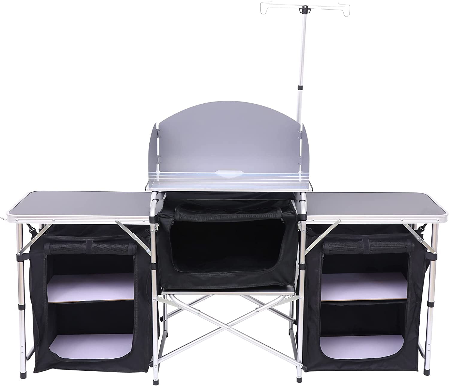 C Camping Kitchen Table, Folding Table, Upgrade Light Stand and Windshield Cooking Station & 3 Organizers, Carry Bag for Outdoor, Beach, BBQ, Picnic, Cooking, Indoor, Office
