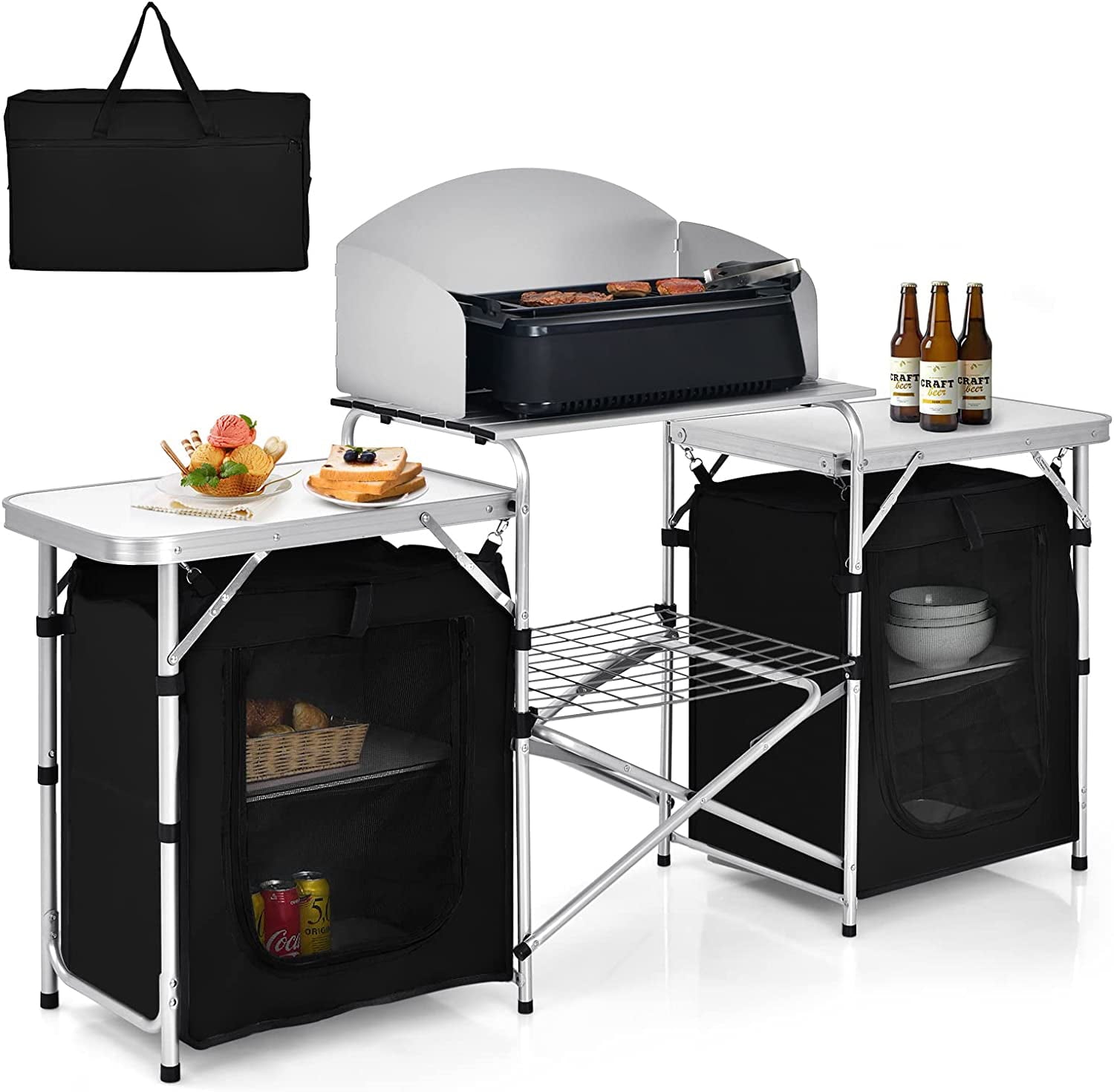 Camping Kitchen Table with Storage, Aluminum Portable Outdoor Cooking Table with Windscreen, Foldable Camp Table Cook Station for BBQ, Grill, Party, Picnics