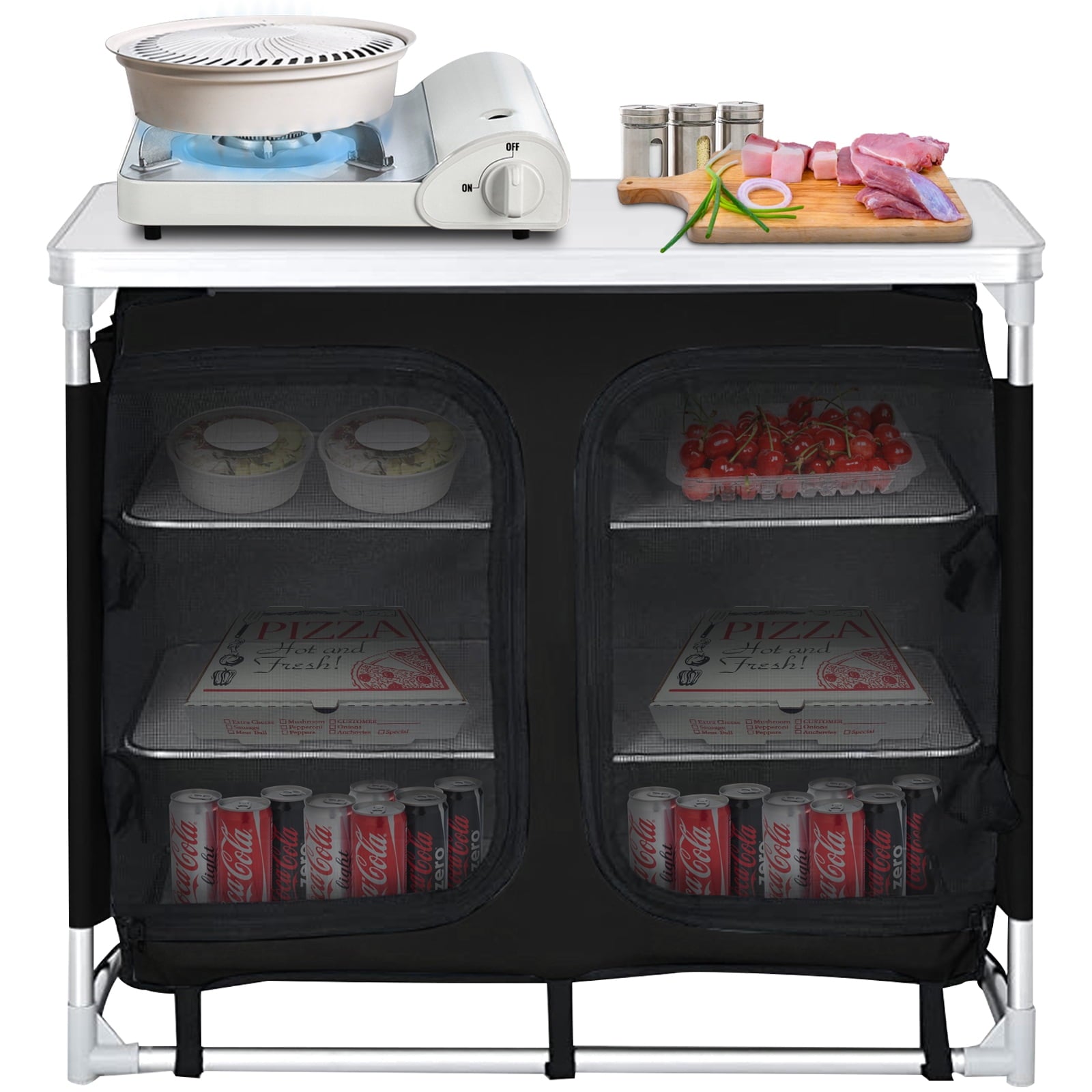 Camping Kitchen Station, Aluminum Portable Folding Cook Table with Storage Organizer and Carrying Bag, Quick Installation for Outdoor BBQ Party Backyards and Tailgating, Black