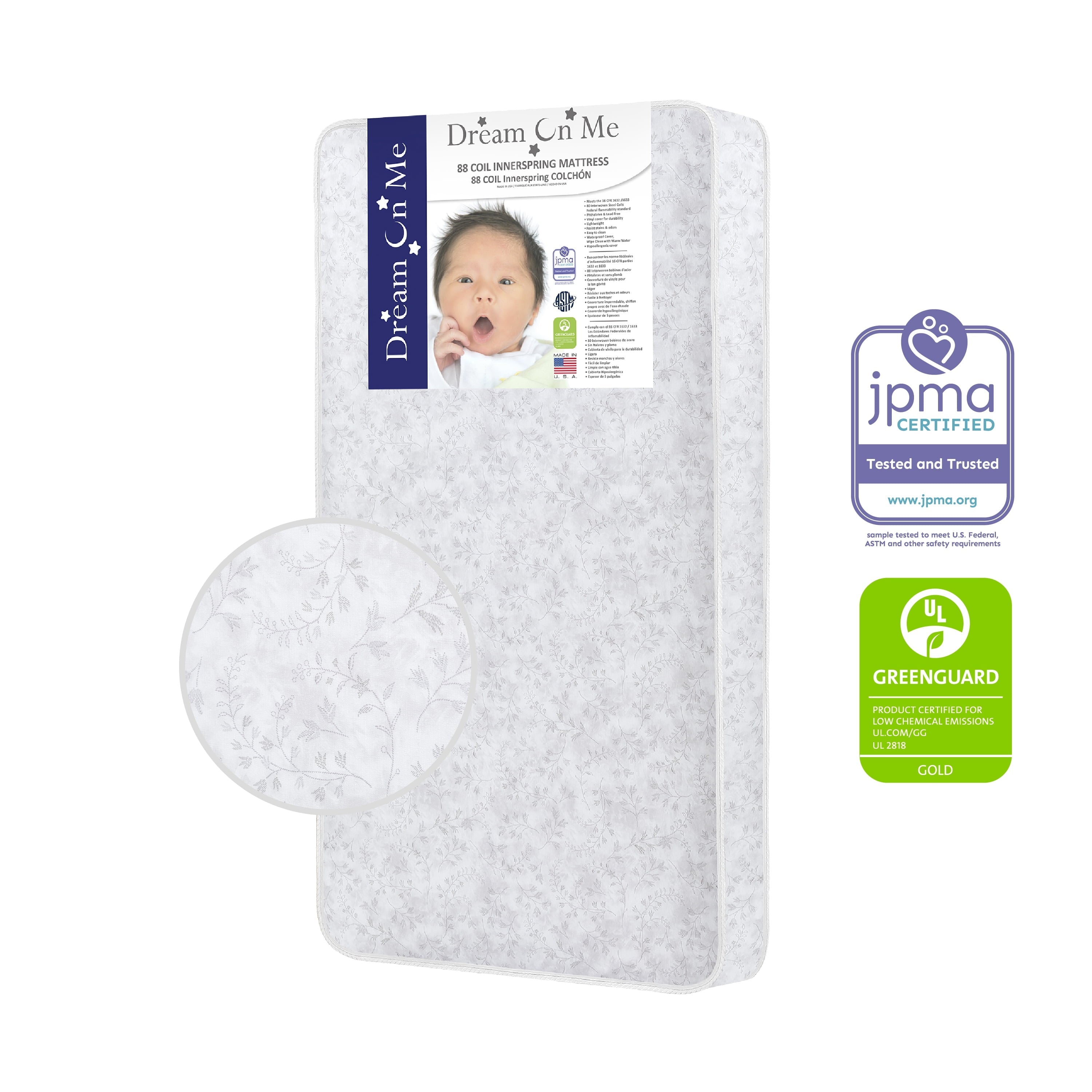 on Me Twinkle 5" 88 Coil Crib and Toddler Mattress, Morning Mist Floral, Greenguard Gold Certified