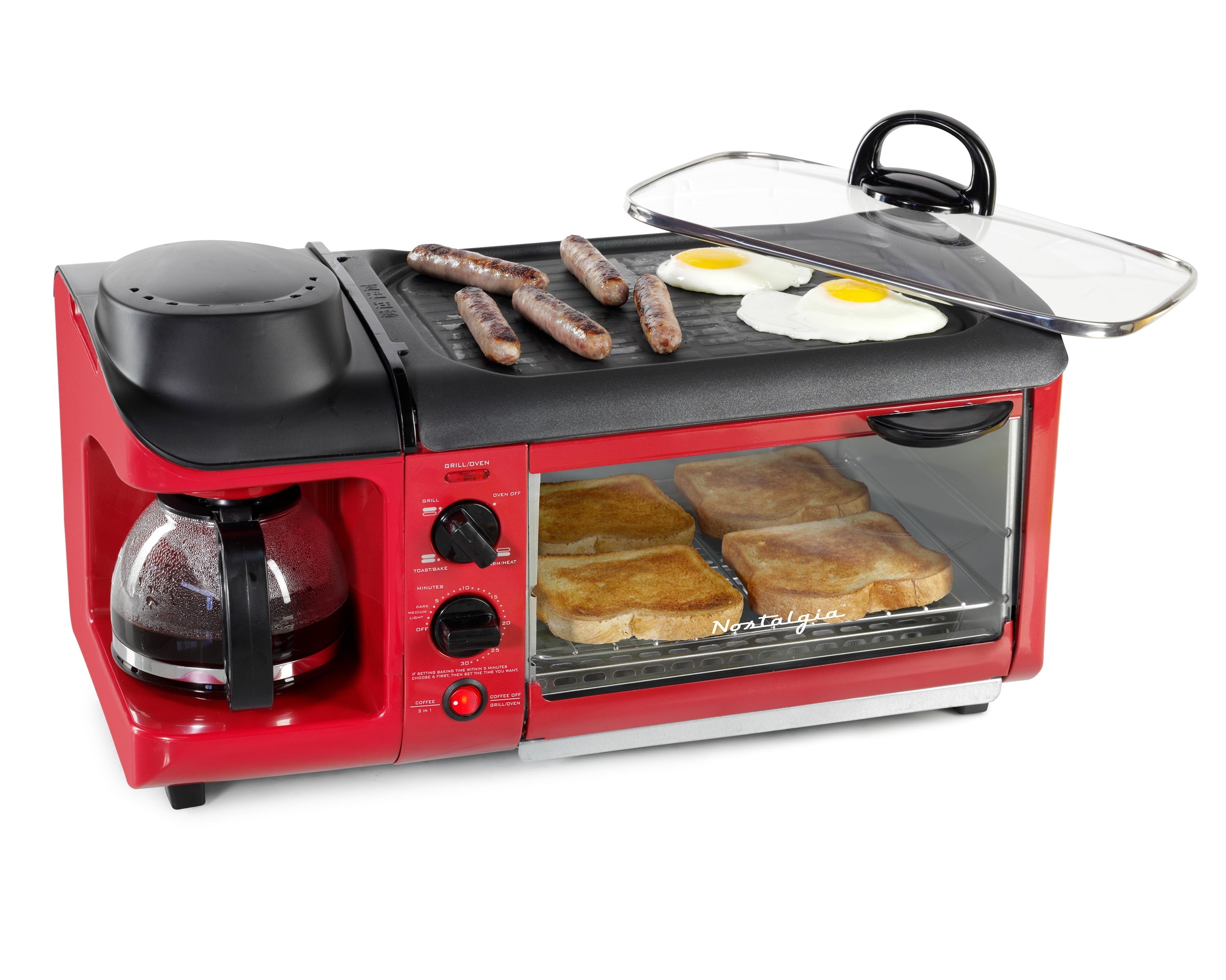 BST3RR Retro 3-in-1 Family Size Electric Breakfast Station, Coffeemaker, Griddle, Toaster Oven - Retro Red