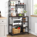 Bakers Rack with Power Outlet, 9-Tier Microwave Stand with Hutch, Kitchen Utility Storage Shelf with 8 S-Hooks, Industrial Coffee Bar Station for Living Room - Rustic Brown