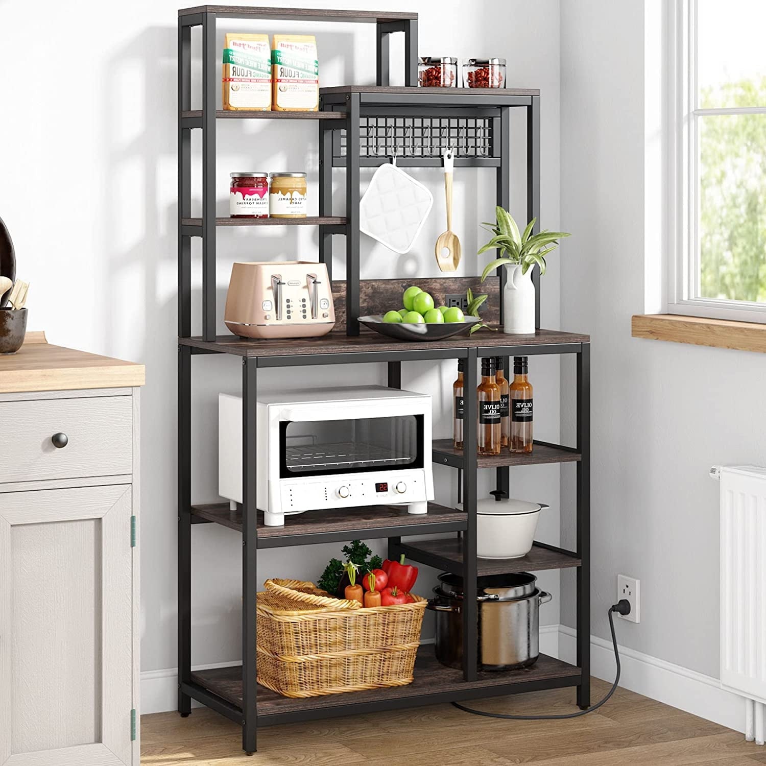 Bakers Rack with Power Outlet, 9-Tier Microwave Stand with Hutch, Kitchen Utility Storage Shelf with 8 S-Hooks, Industrial Coffee Bar Station for Living Room - Rustic Brown