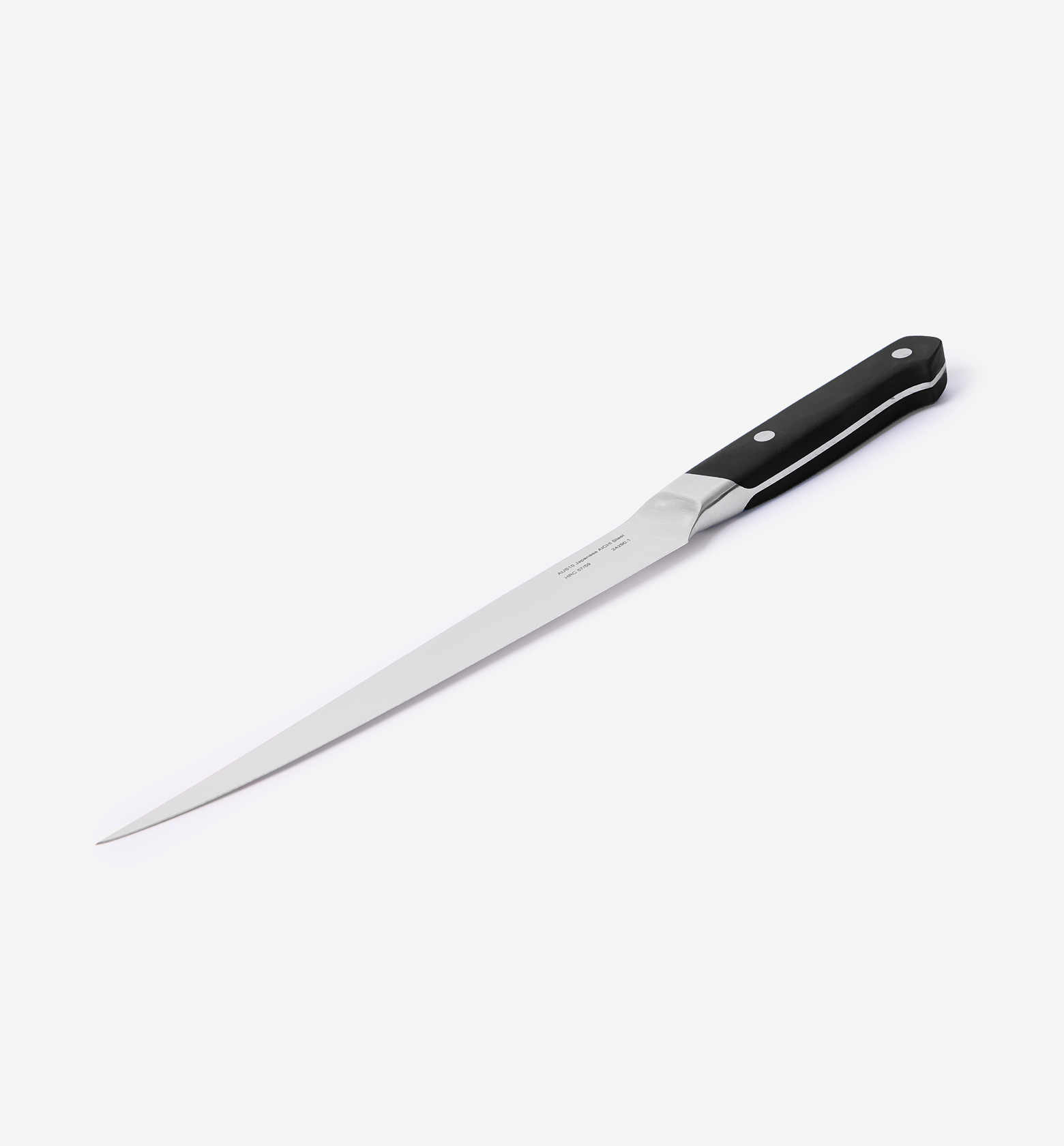 Long slicing knife with narrow tapered blade and black riveted handle
