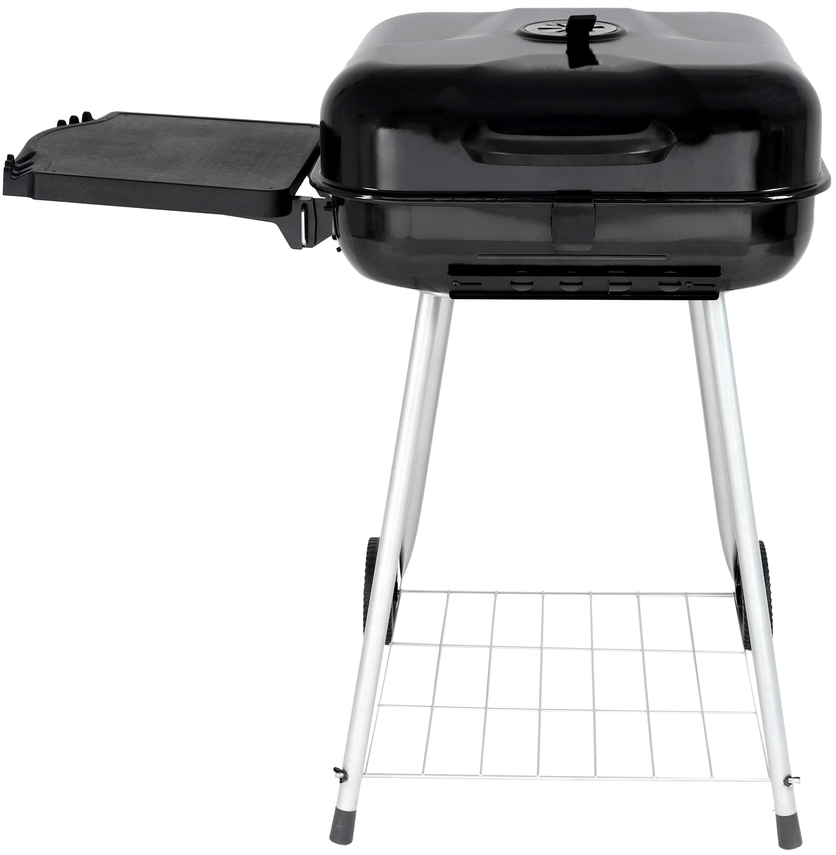 22" Square Charcoal Grill with Foldable Side Shelf, Black