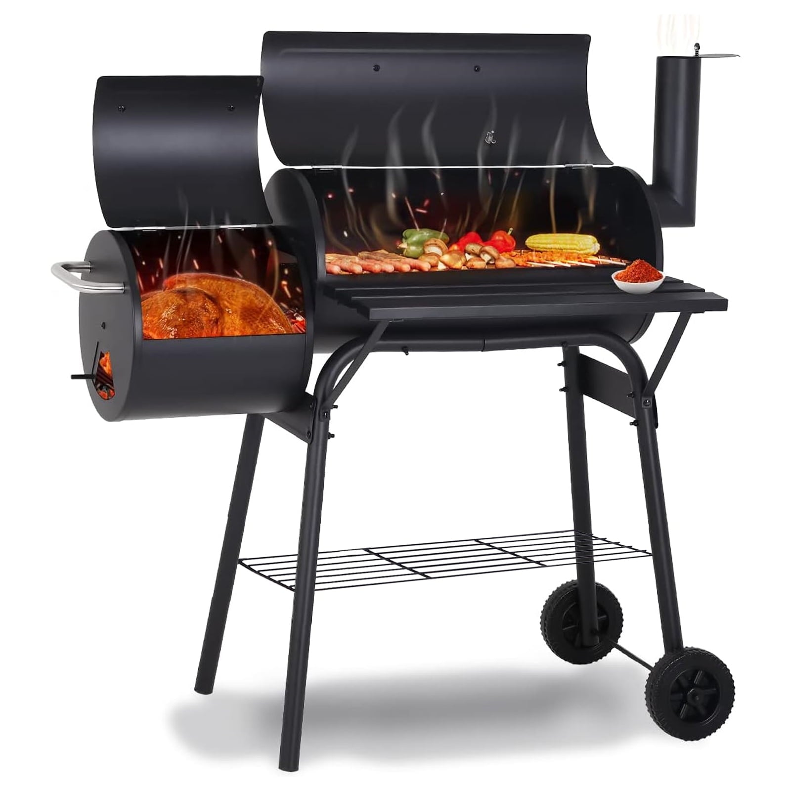Outdoor Portable BBQ Charcoal Grill with Offset Smoker, Black