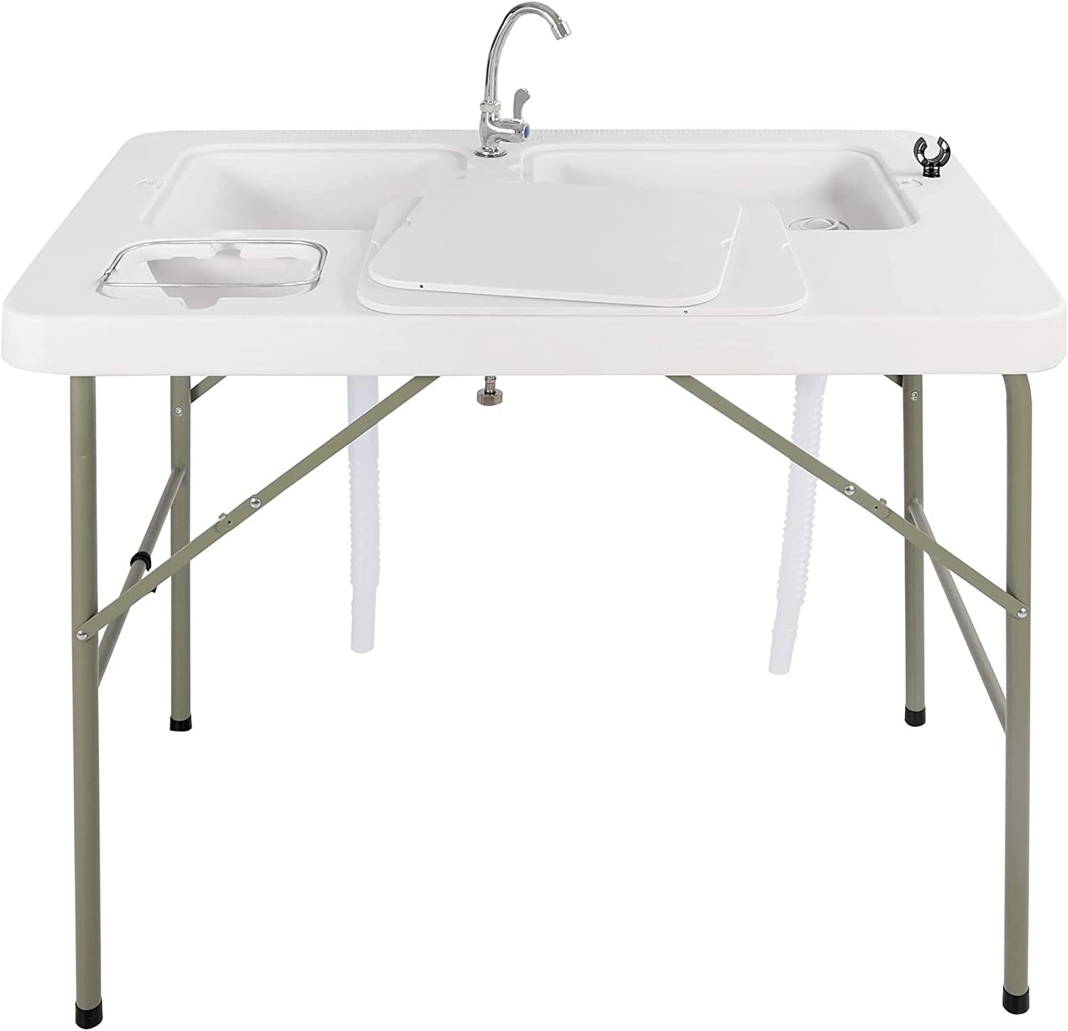Folding Fish Cleaning Table, Outdoor Camping Sink Station with Sink & Faucet Drainage Hoses, Portable Camping Sink Table for Beach Fishing Patio Picnic