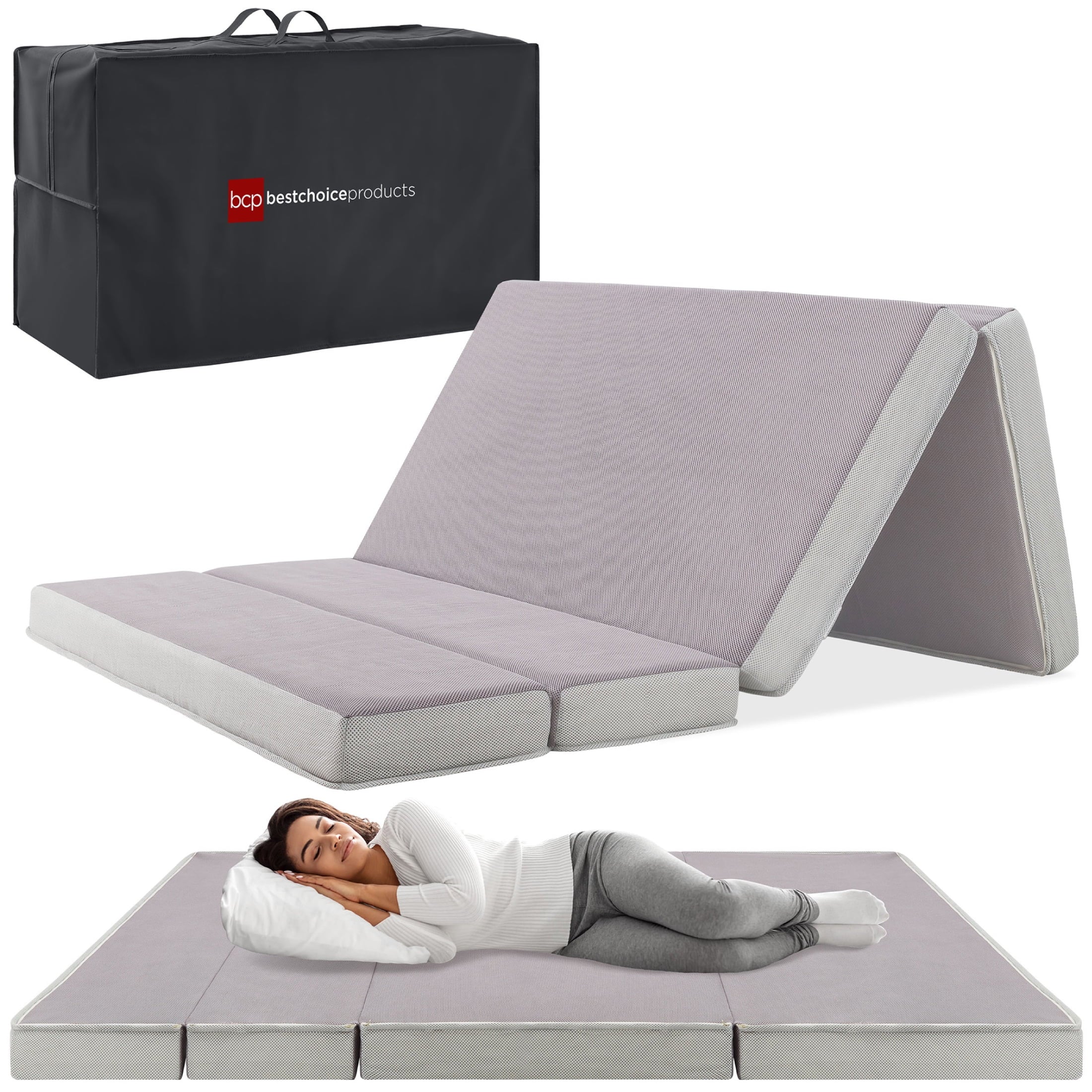 Choice Products 4in Thick Folding Portable Queen Mattress Topper w/ Carry Case, Plush Foam, Washable Cover