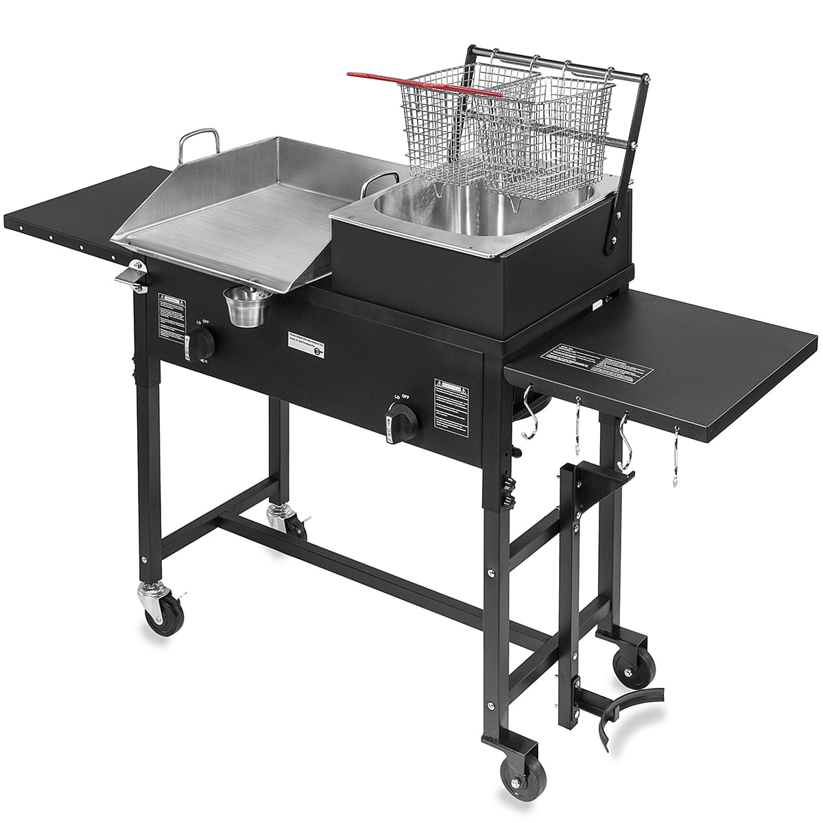 58,000 BTU Outdoor Gas Propane Double Burner Stove Cook Station Flat Top Griddle & Deep Fryer BBQ Grill Camp Side Table