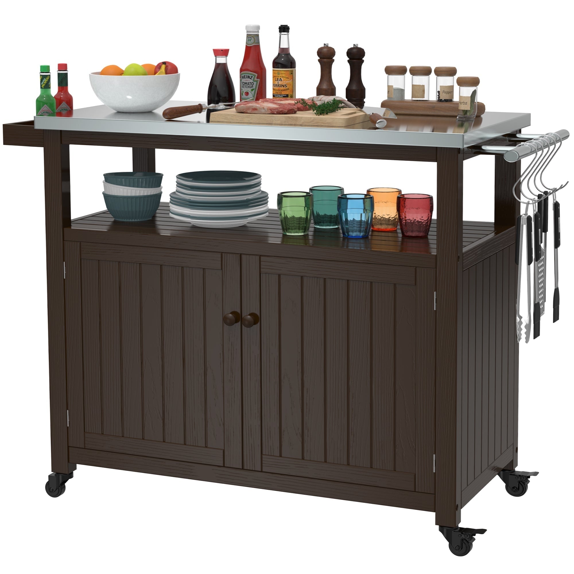 Prep Table Grill Station, Solid Wood Movable Dining Cart Table, Dark Brown