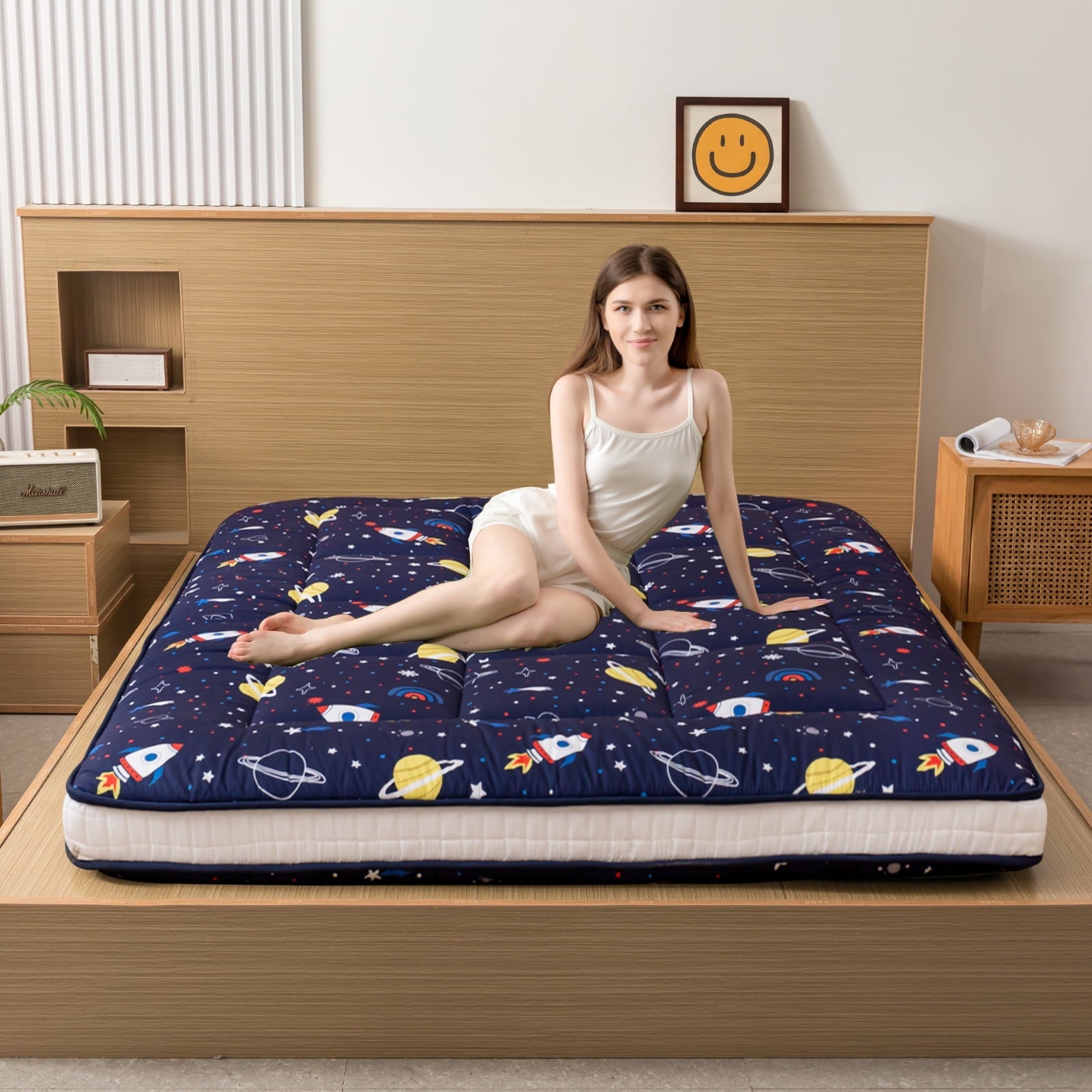 Thick Futon Floor Mattress, Memory foam Padded Japanese Floor Mattress, Navy Space, Twin