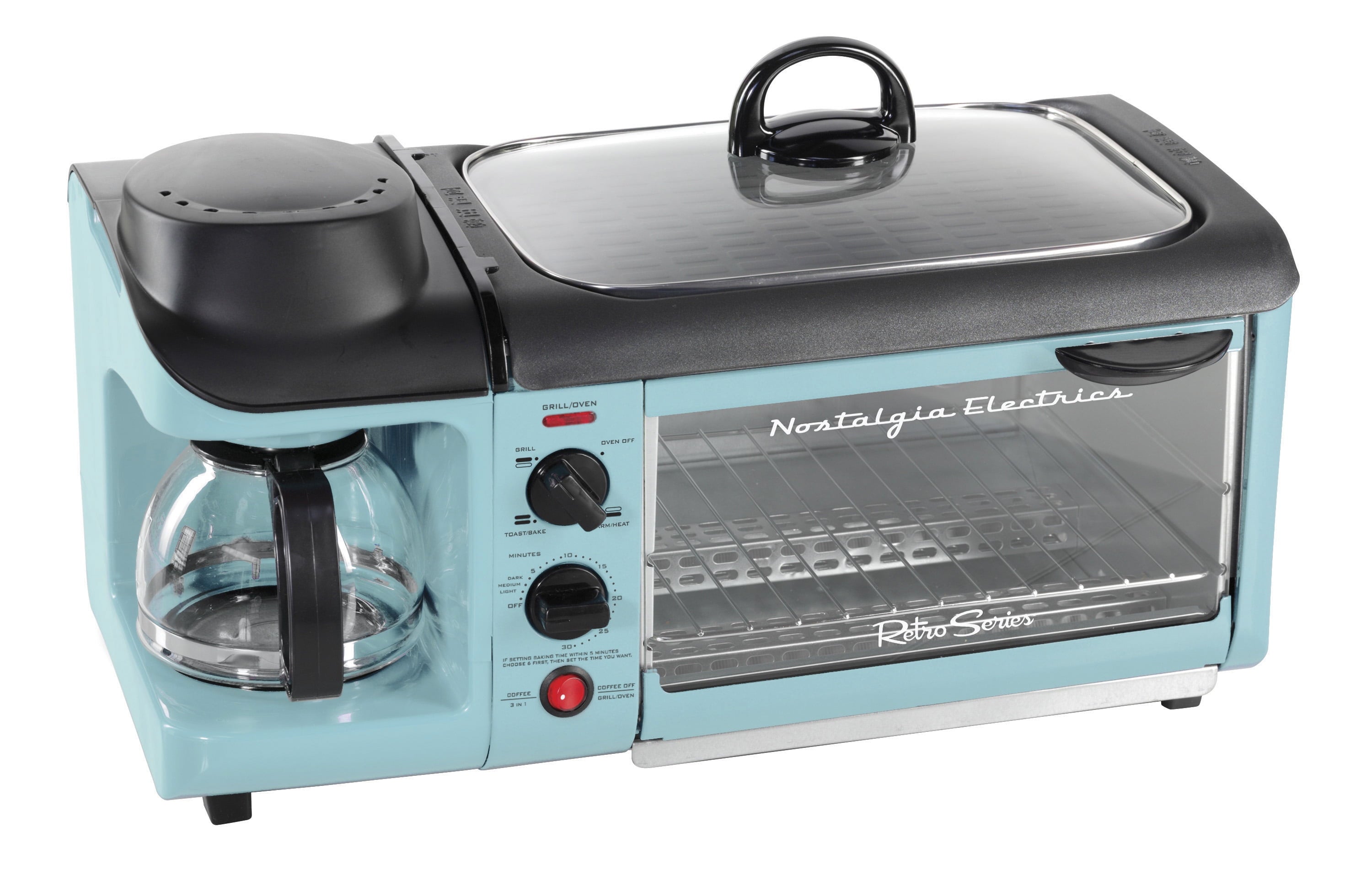 BST3AQ Retro 3-in-1 Family Size Electric Breakfast Station, Coffeemaker, Griddle, Toaster Oven - Aqua