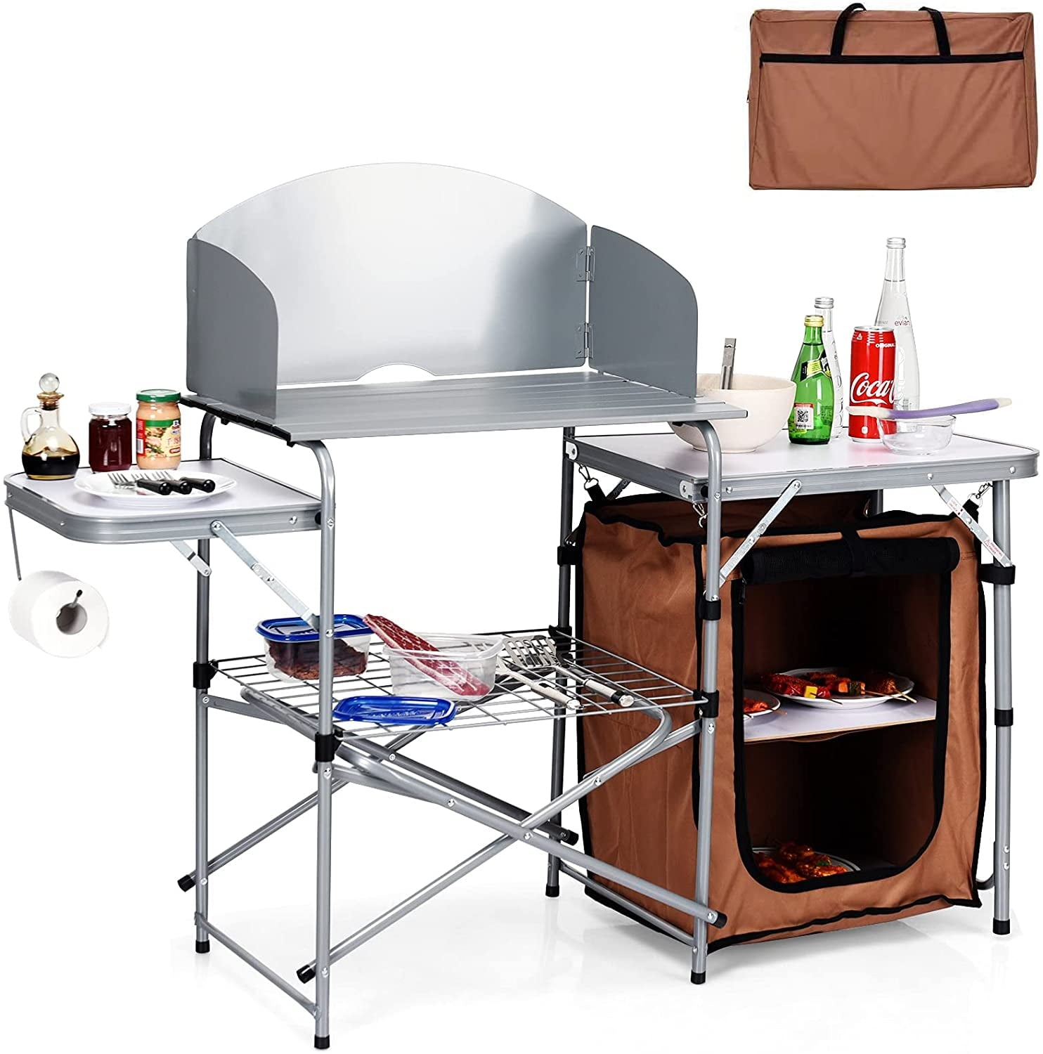 Grill Table with 26'' Tabletop and Detachable Windscreen, Aluminum Portable Camp Cook Station Carry Bag Quick Set-up, BBQ Camping Picnic Backyard Outdoor Camping Kitchen Table (Brown)
