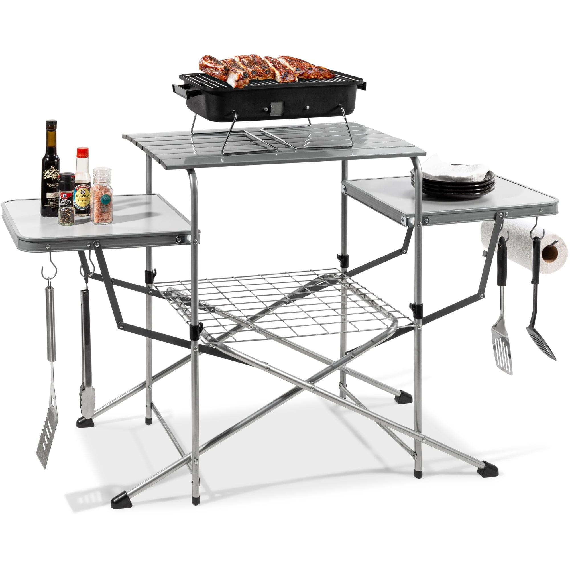 Choice Products Portable Folding Grill Table, Outdoor Food Prep Station for Camping w/ Carrying Case, 4 Hooks