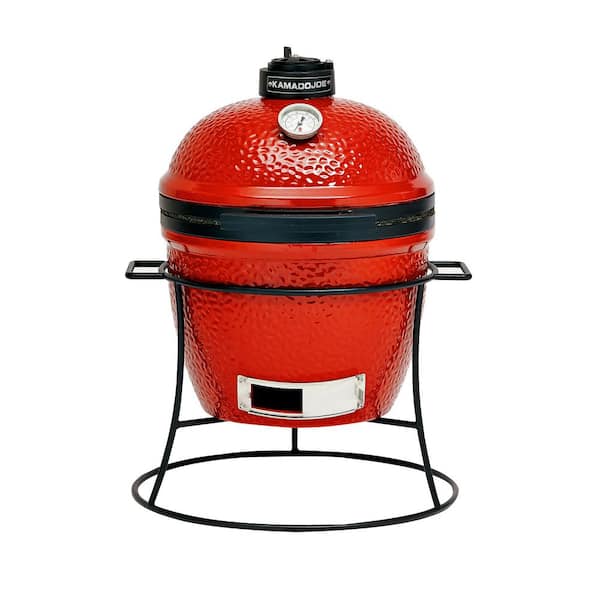 Joe Jr. 13.5 in. Portable Charcoal Grill in Red with Cast Iron Cart, Heat Deflectors and Ash Tool