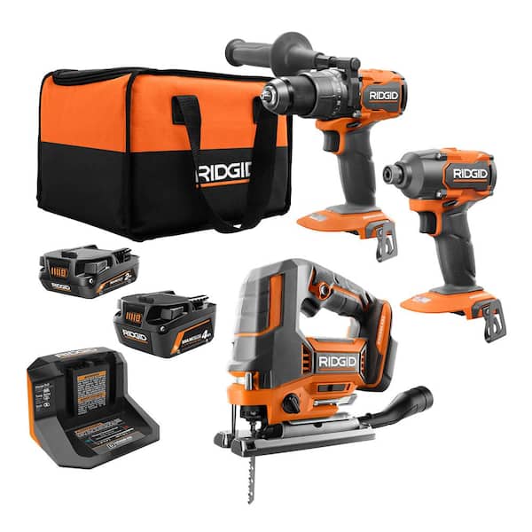 18V Brushless Cordless 3-Tool Combo Kit w/ Hammer Drill, Impact Driver, Jig Saw, Batteries, Charger & Bag