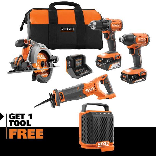 18V Cordless 4-Tool Combo Kit with 4.0 Ah Battery, 2.0 Ah Battery, Charger, Bag and 18V Bluetooth Speaker