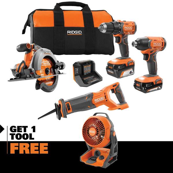 18V Cordless 4-Tool Combo Kit with 4.0 Ah Battery, 2.0 Ah Battery, Charger, Bag and 18V Hybrid Fan
