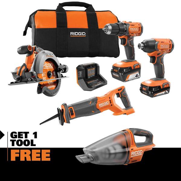 18V Cordless 4-Tool Combo Kit with 4.0 Ah Battery, 2.0 Ah Battery, Charger, Bag and 18V Hand Vacuum