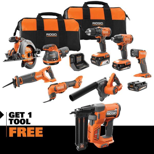 18V Cordless 8-Tool Combo Kit with (3) Batteries, Charger, and Bag with 18V 18-Gauge Brad Nailer