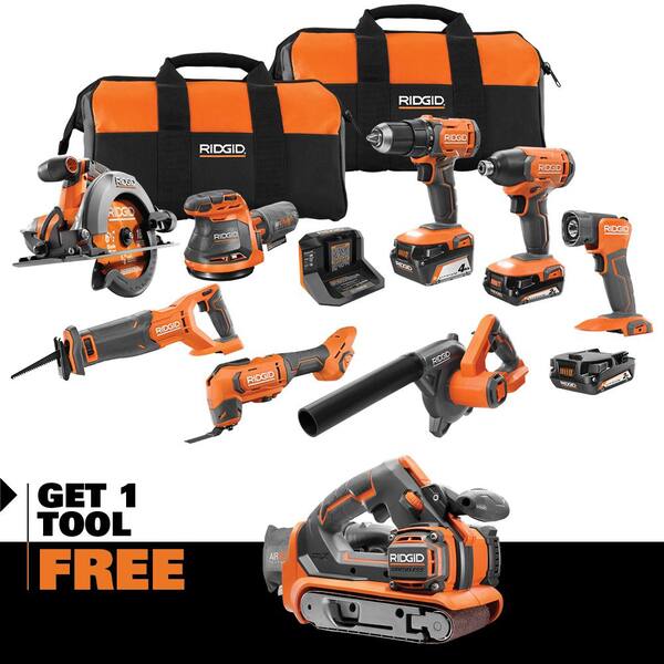 18V Cordless 8-Tool Combo Kit with (3) Batteries, Charger, and Bag with 18V Belt Sander