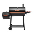 Barrel Charcoal Grill in Black with Offset Smoker, 811 sq. in. Cooking Space, Wood-Painted Side Table