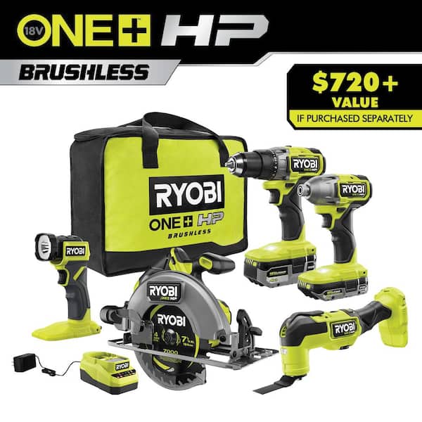 ONE+ HP 18V Brushless Cordless 5-Tool Combo Kit with 4.0 Ah and 2.0 Ah HIGH PERFORMANCE Batteries, Charger, and Bag